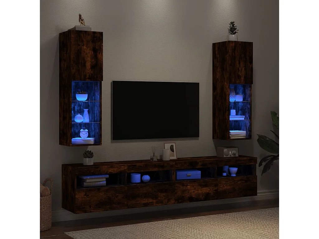 Tv-meubel | Tv-Bank | TV-kasts LED-verlichting 2 st 30,5x30x102 cm gerookt eiken