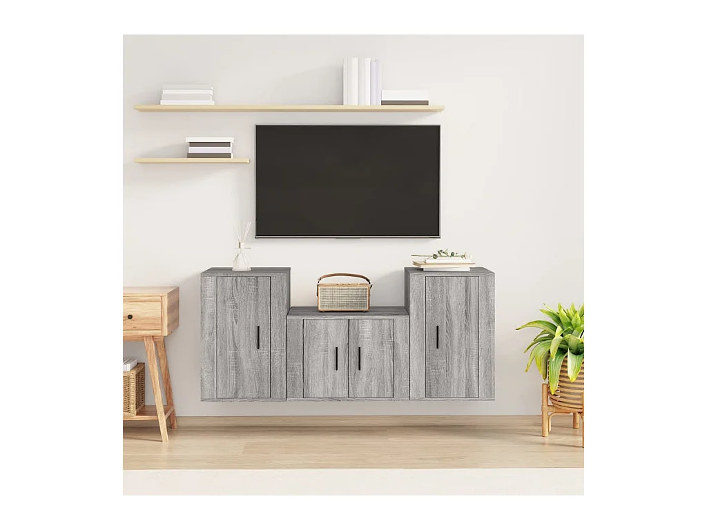 Set de muebles para TV  | Gabinetes de TV |  Muebles de salón 3 pzas madera contrachapada gris Sonoma