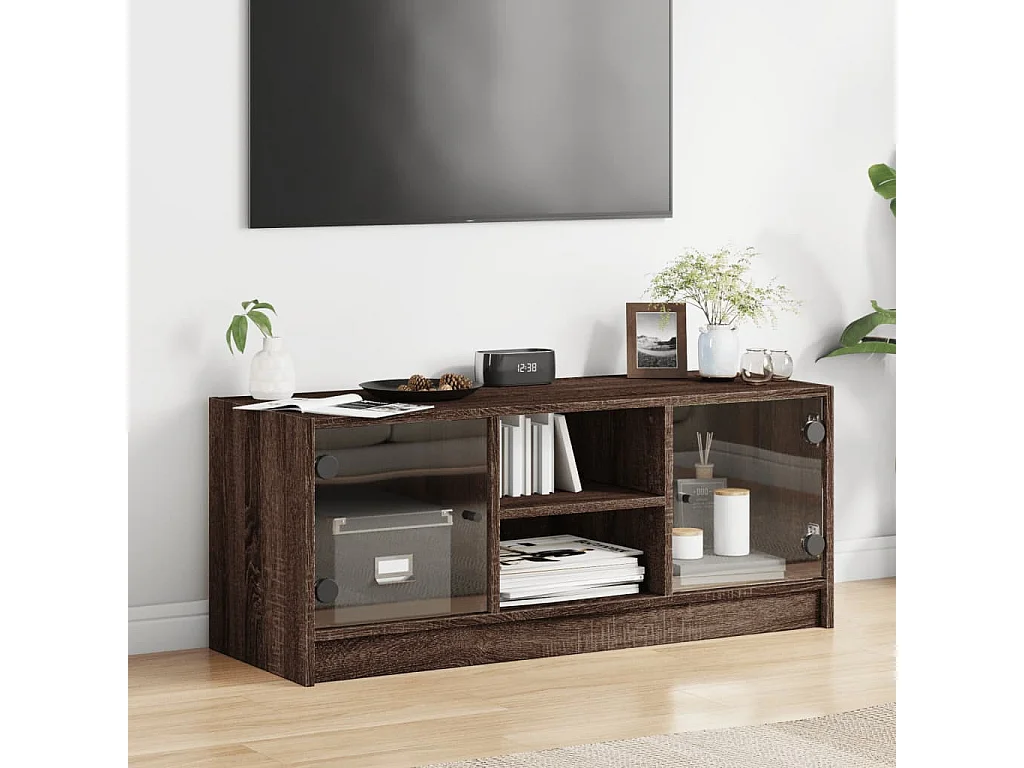 Meuble TV | Banc TV | Armoire TV avec portes en verre chêne marron 102x37x42 cm