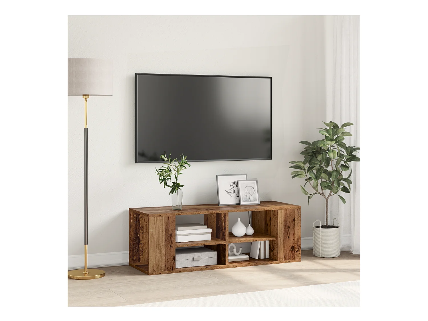 TV-kast | Tv-meubel | Tv-Bank met plank Wandgemonteerd met opslag Oud hout 102 x 35 x 35 cm Bewerkt hout