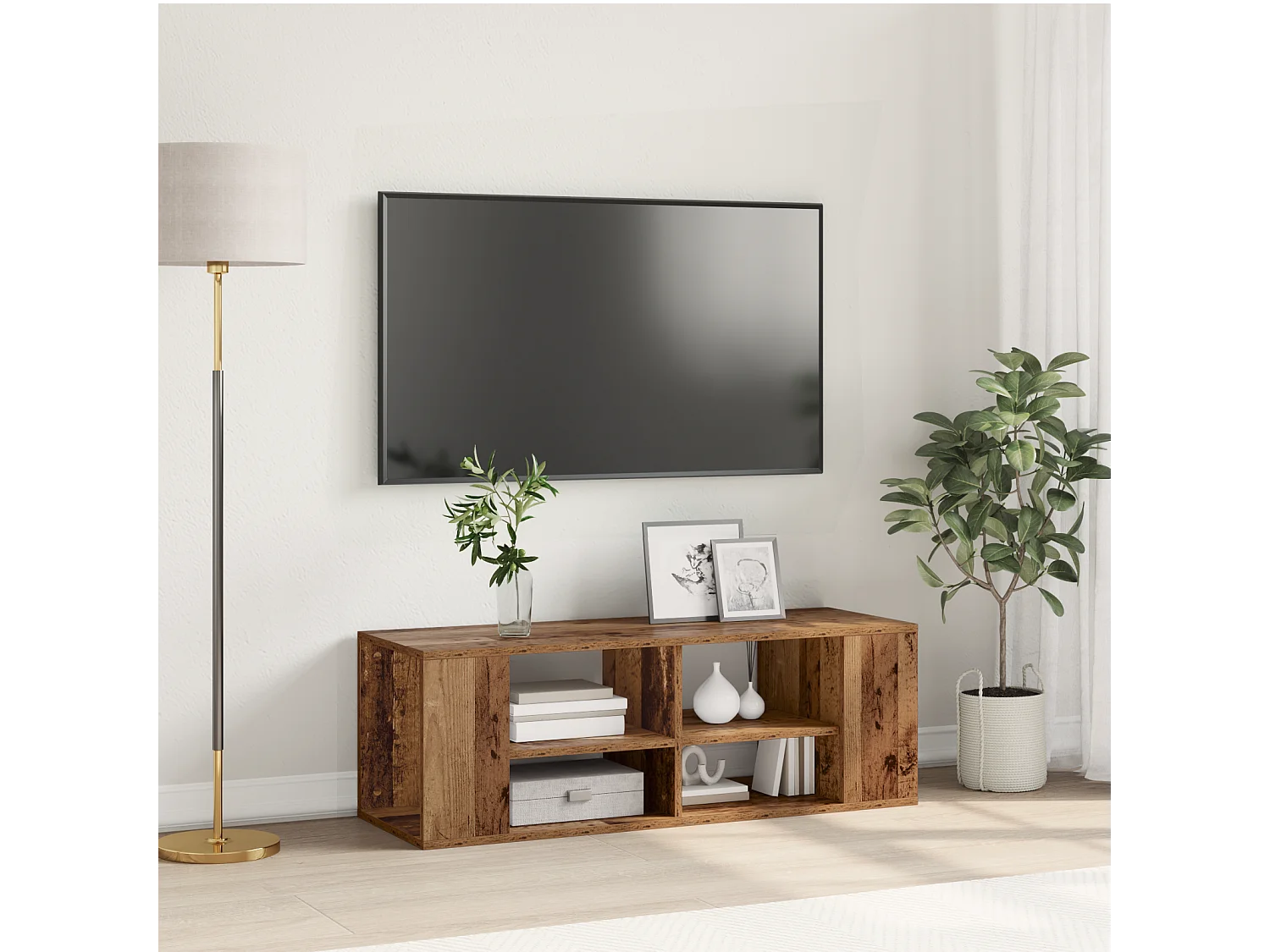 TV-kast | Tv-meubel | Tv-Bank met plank Wandgemonteerd met opslag Oud hout 102 x 35 x 35 cm Bewerkt hout
