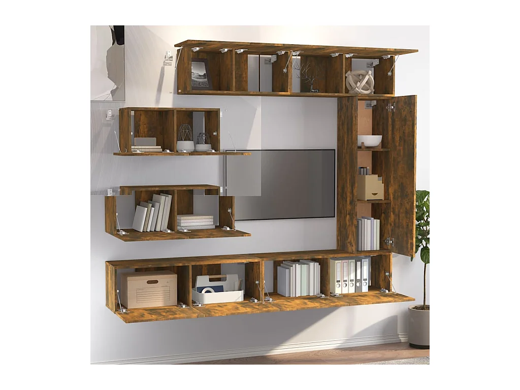 7-delige Tv-meubelset | Tv-Bank | TV-kast bewerkt hout gerookt eikenkleurig