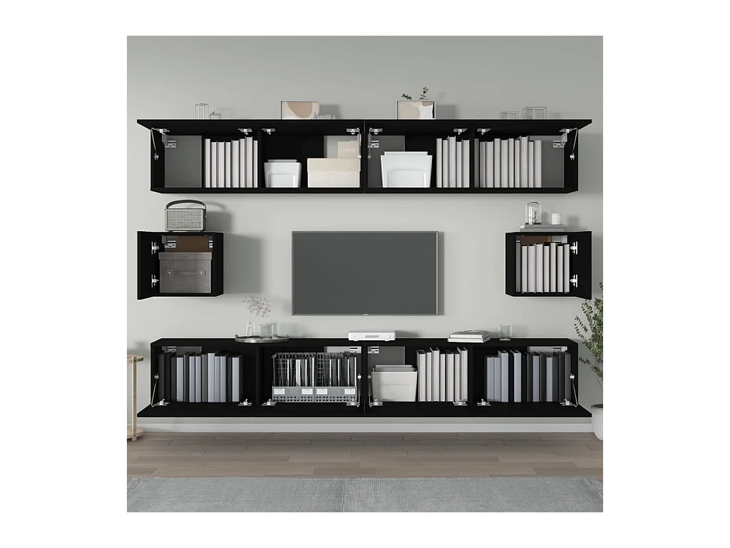 Set de muebles para TV  | Gabinetes de TV |  Muebles de salón 6 piezas madera contrachapada negro
