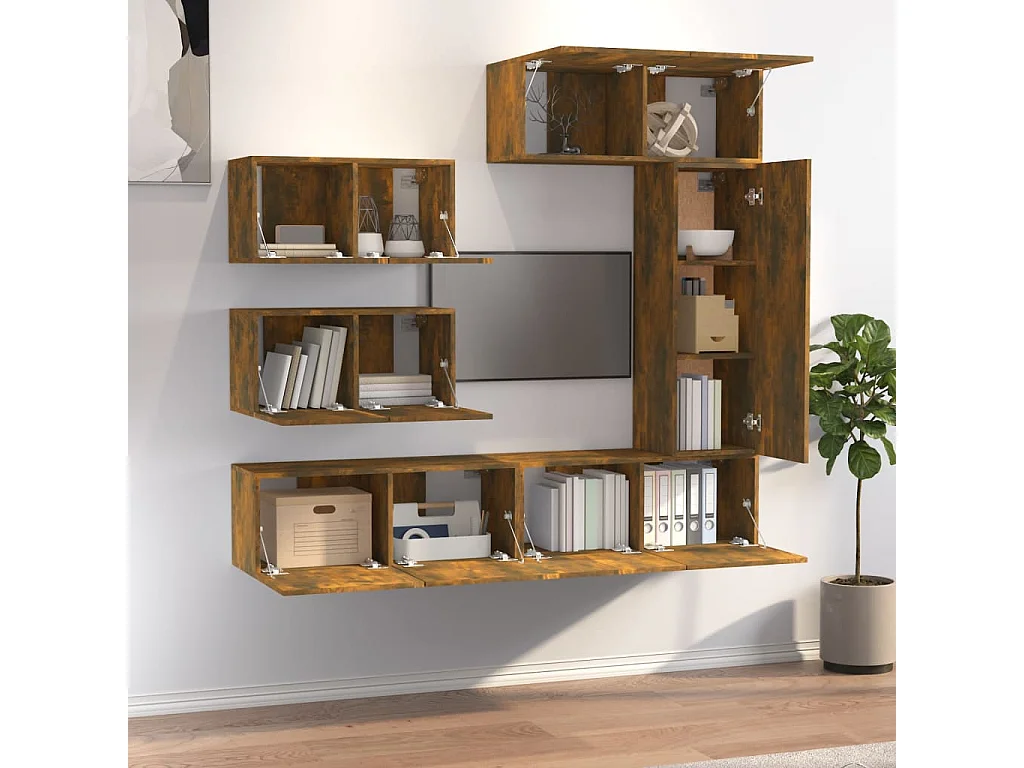 Set de muebles de TV | Gabinetes de TV |  Muebles de salón 6 pzas madera contrachapada roble ahumado