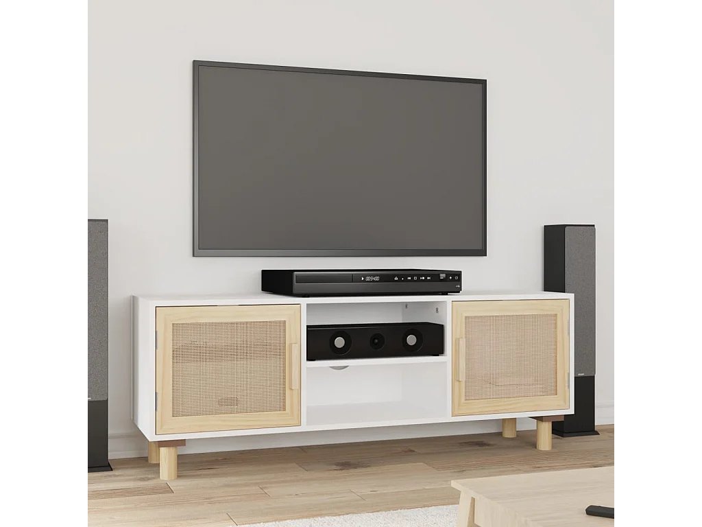 Meuble TV | Banc TV | Armoire TV Blanc 105x30x40cm Bois de pin massif et rotin naturel