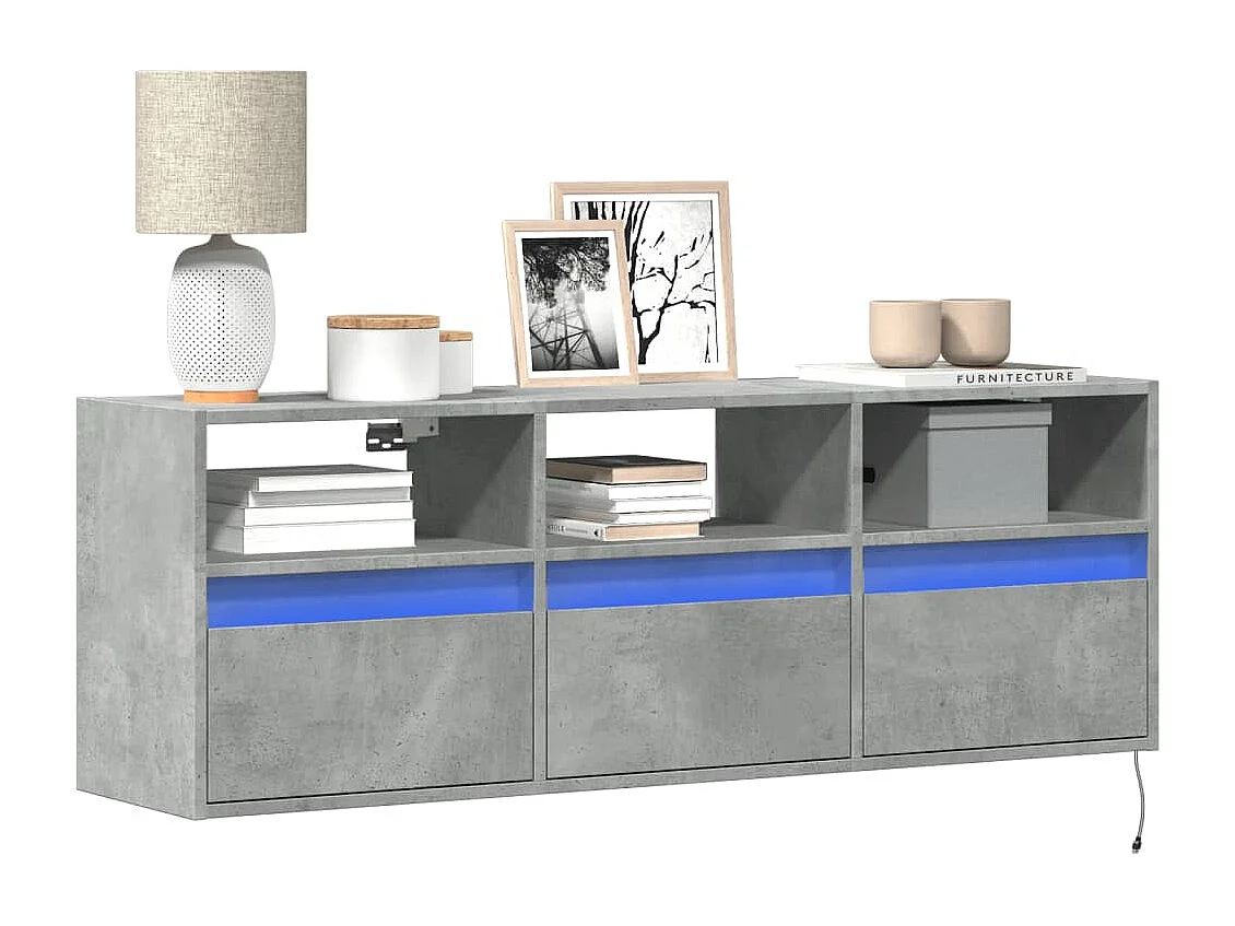 Meuble TV | Banc TV | Armoire TV mural avec lumières LED gris béton 130x31x45 cm