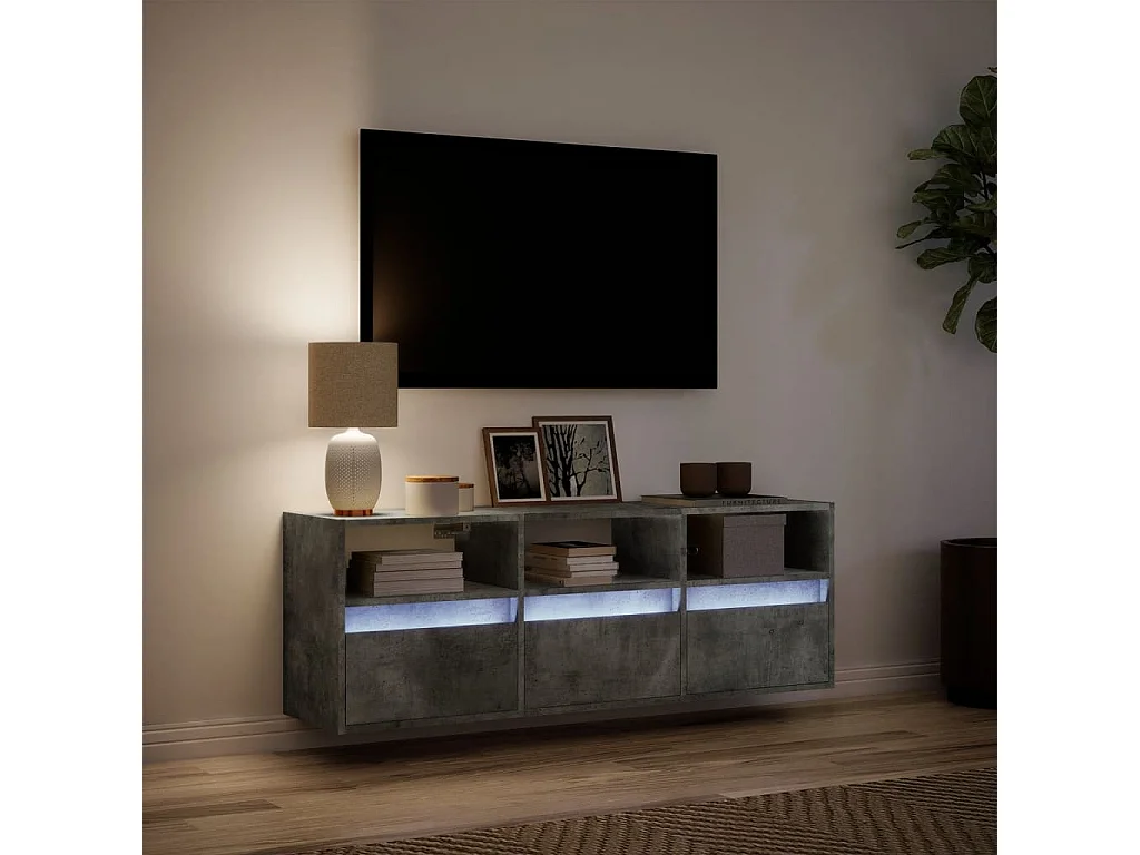 Meuble TV | Banc TV | Armoire TV mural avec lumières LED gris béton 130x31x45 cm
