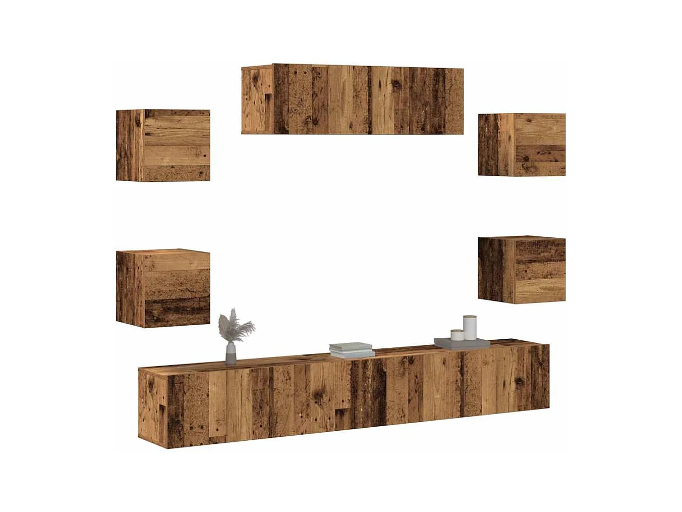 7-delig Tv-meubelset | Tv-Bank | TV-kast wandmontage bewerkt hout oud houtkleurig