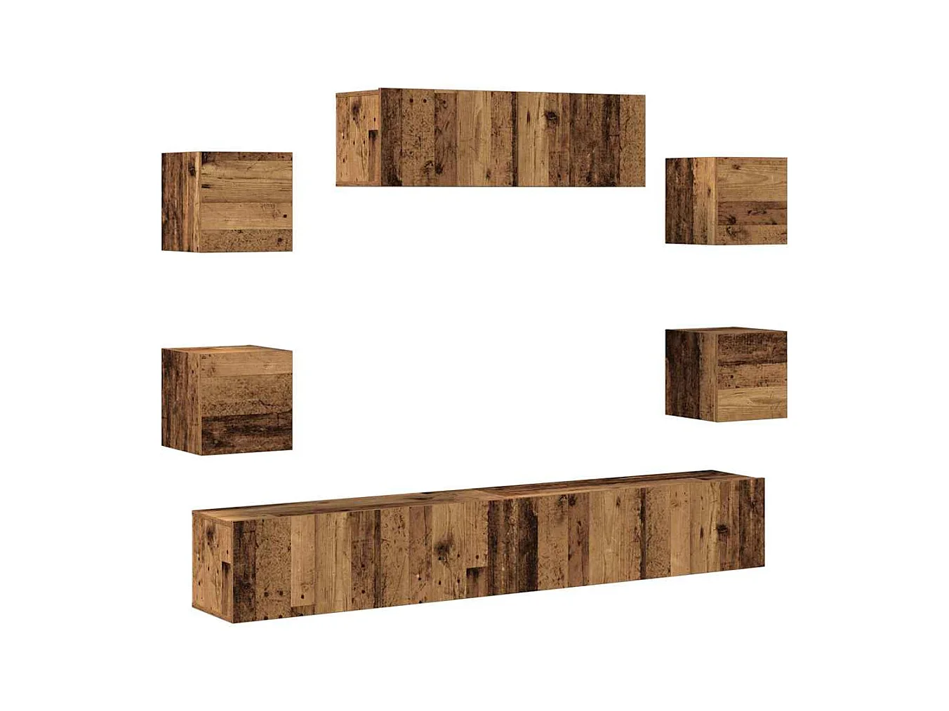 7-delig Tv-meubelset | Tv-Bank | TV-kast wandmontage bewerkt hout oud houtkleurig