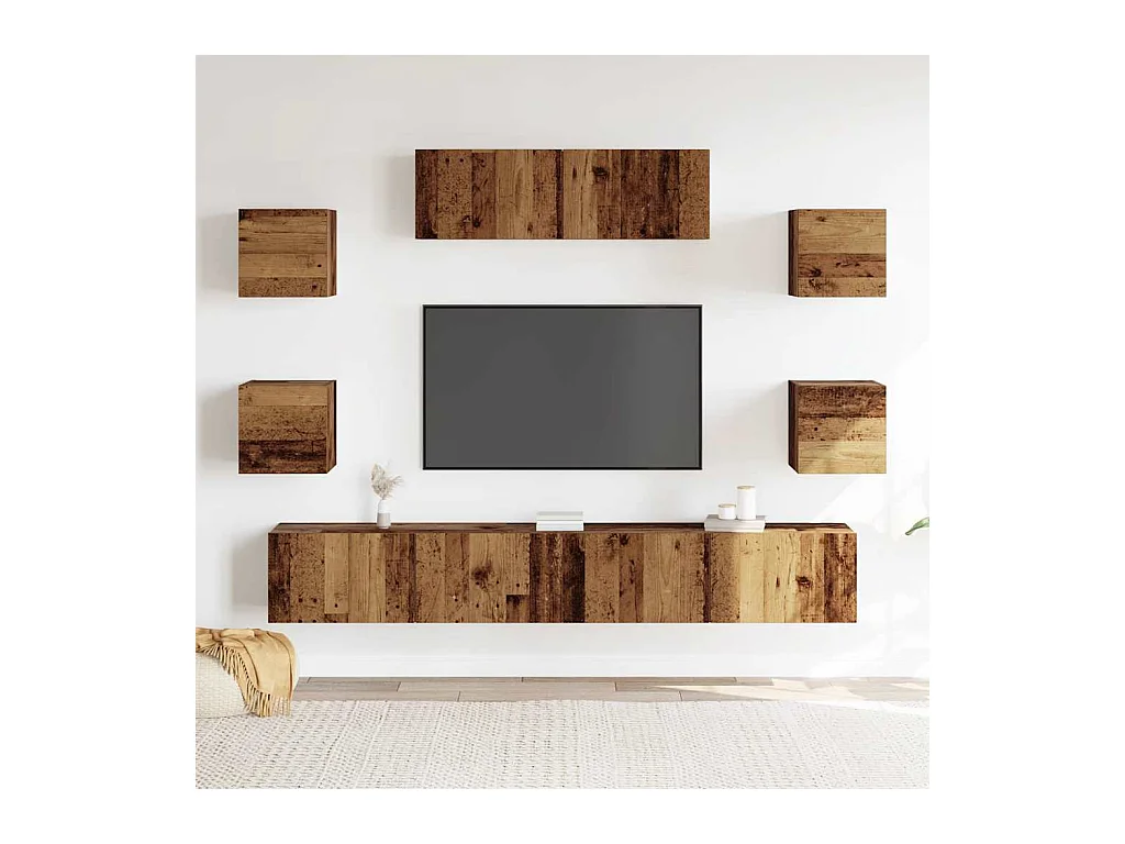 7-delig Tv-meubelset | Tv-Bank | TV-kast wandmontage bewerkt hout oud houtkleurig