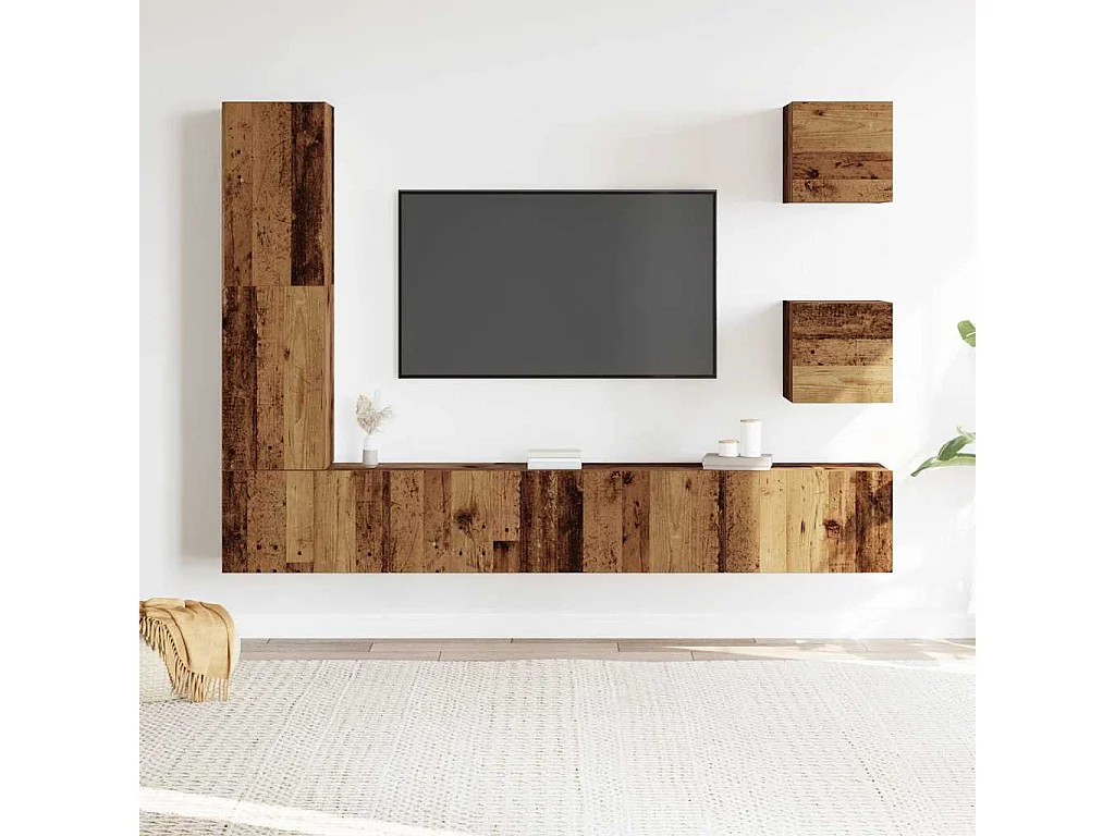 5-delig Tv-meubelset | Tv-Bank | TV-kast wandmontage bewerkt hout oud houtkleurig