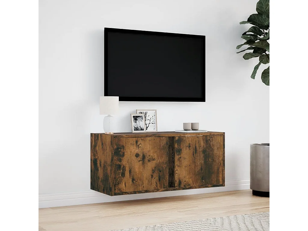 Meuble TV | Banc TV | Armoire TV mural avec lumières LED chêne fumé 80x31x35 cm