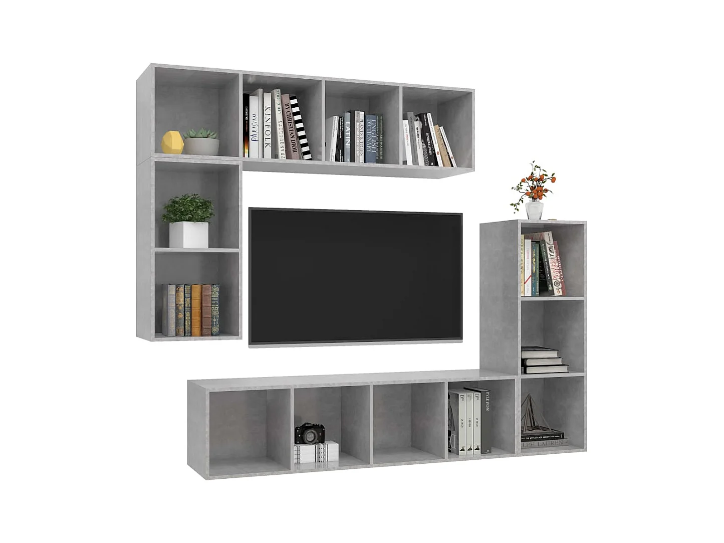 4-delige Tv-meubelset | Tv-Bank | TV-kast bewerkt hout betongrijs