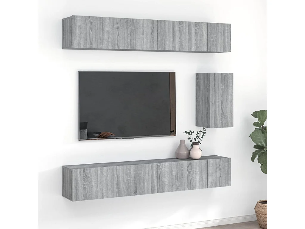 Set de muebles para TV  | Gabinetes de TV |  Muebles de salón 7 pzas madera contrachapada gris Sonoma