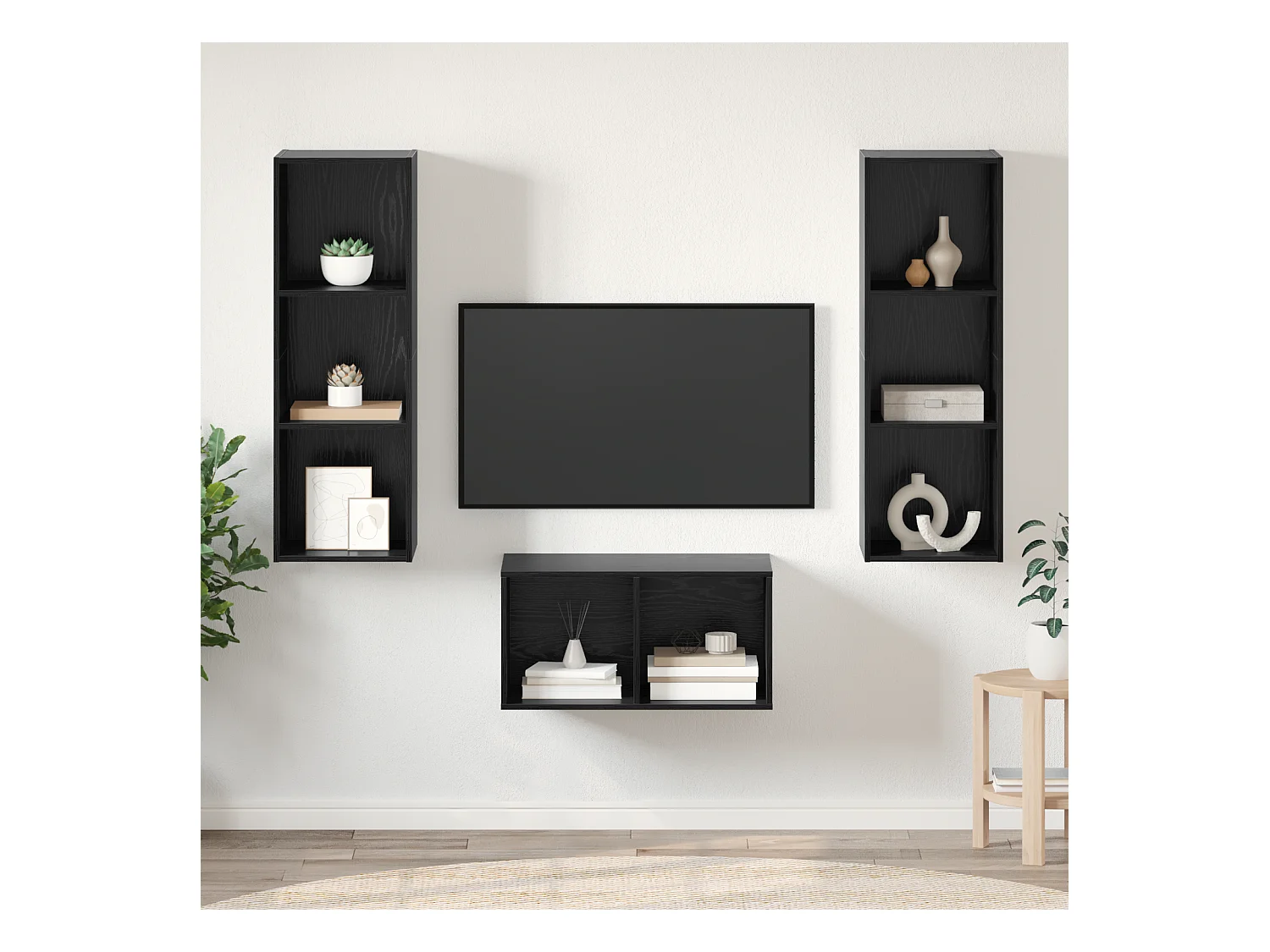 TV-kast | Tv-meubel | Tv-Bank set met plank Zwart eiken 37 x 37 x 107 cm Bewerkt hout