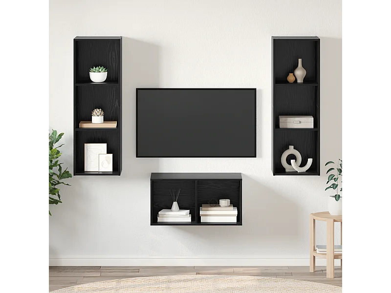 TV-kast | Tv-meubel | Tv-Bank set met plank Zwart eiken 37 x 37 x 107 cm Bewerkt hout