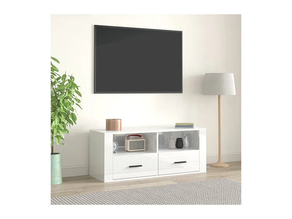 Mueble de TV | Mueble de salón madera contrachapada blanco brillo 100x35x40 cm