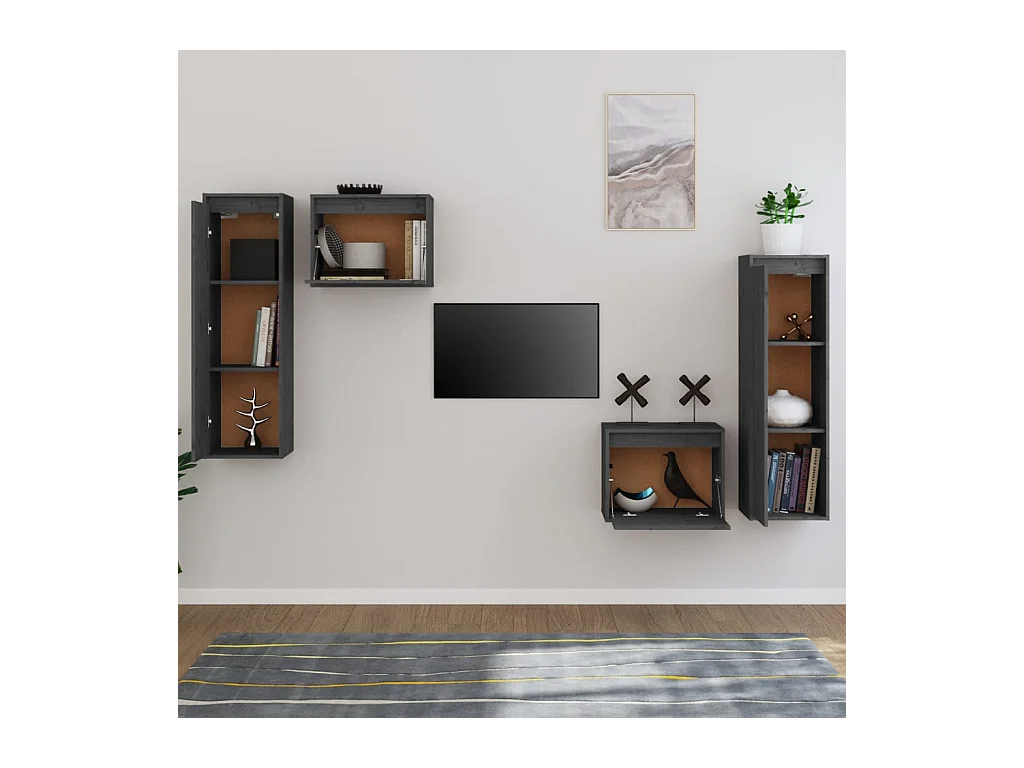 muebles para TV  | Gabinetes de TV |  Muebles de salón 4 piezas madera maciza de pino gris