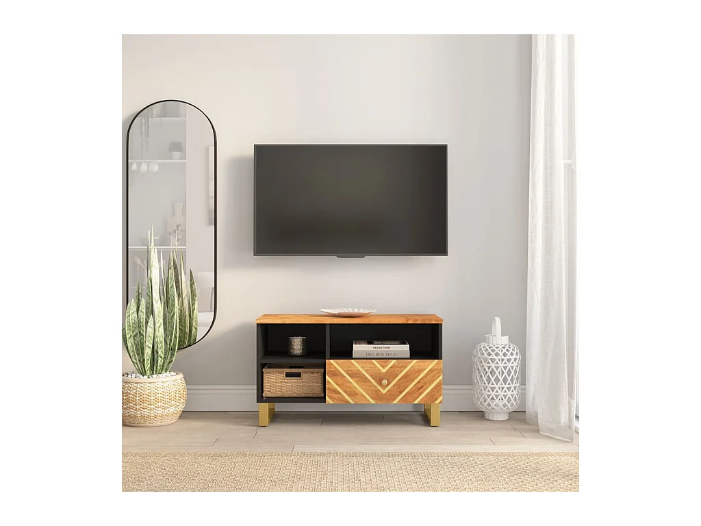 Mueble de TV | Mueble de salón madera maciza de mango marrón negro 80x33,5x46 cm