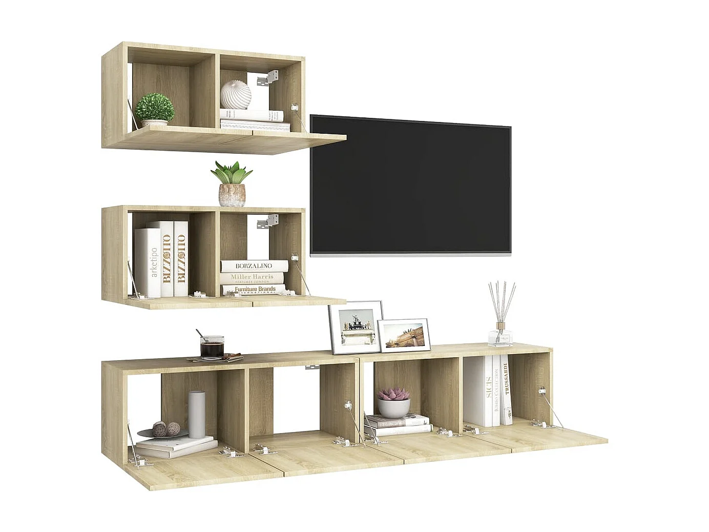 Juego de muebles de salón | Gabinetes de TV |  Muebles de TV 4 piezas roble Sonoma