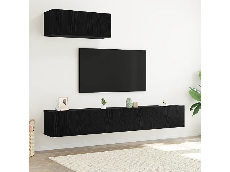 Mueble TV | Conjunto de muebles para TV de 3 piezas montado en la pared en negro de madera ingenierizada