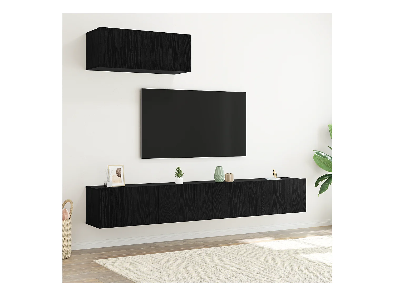Mueble TV | Conjunto de muebles para TV de 3 piezas montado en la pared en negro de madera ingenierizada