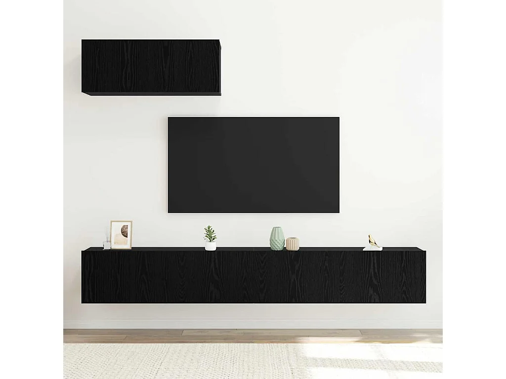 Mueble TV | Conjunto de muebles para TV de 3 piezas montado en la pared en negro de madera ingenierizada