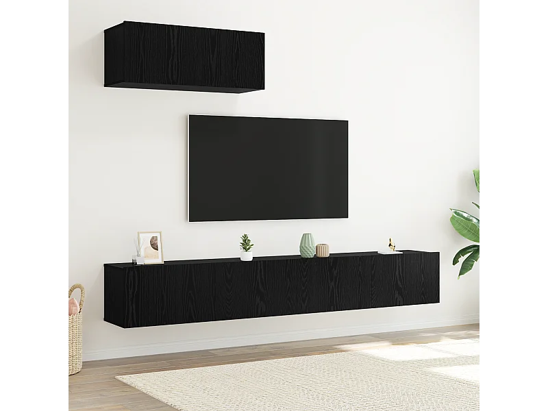 Mueble TV | Conjunto de muebles para TV de 3 piezas montado en la pared en negro de madera ingenierizada