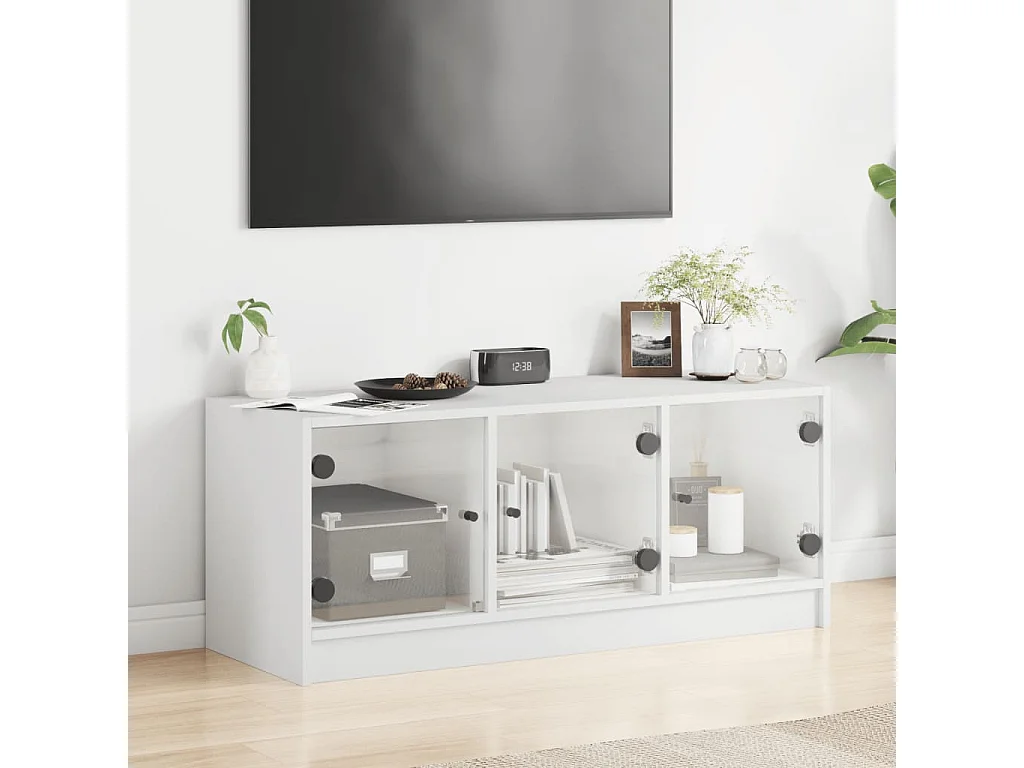 Mueble de TV | Mueble de salón con puertas de vidrio blanco 102x37x42 cm