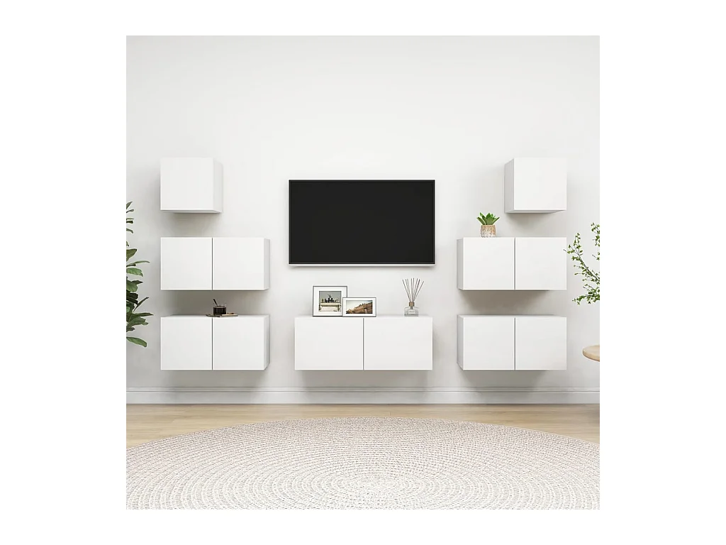 Set de muebles de salón TV | Gabinetes de TV |  Muebles de TV 7 piezas madera de ingeniería blanco
