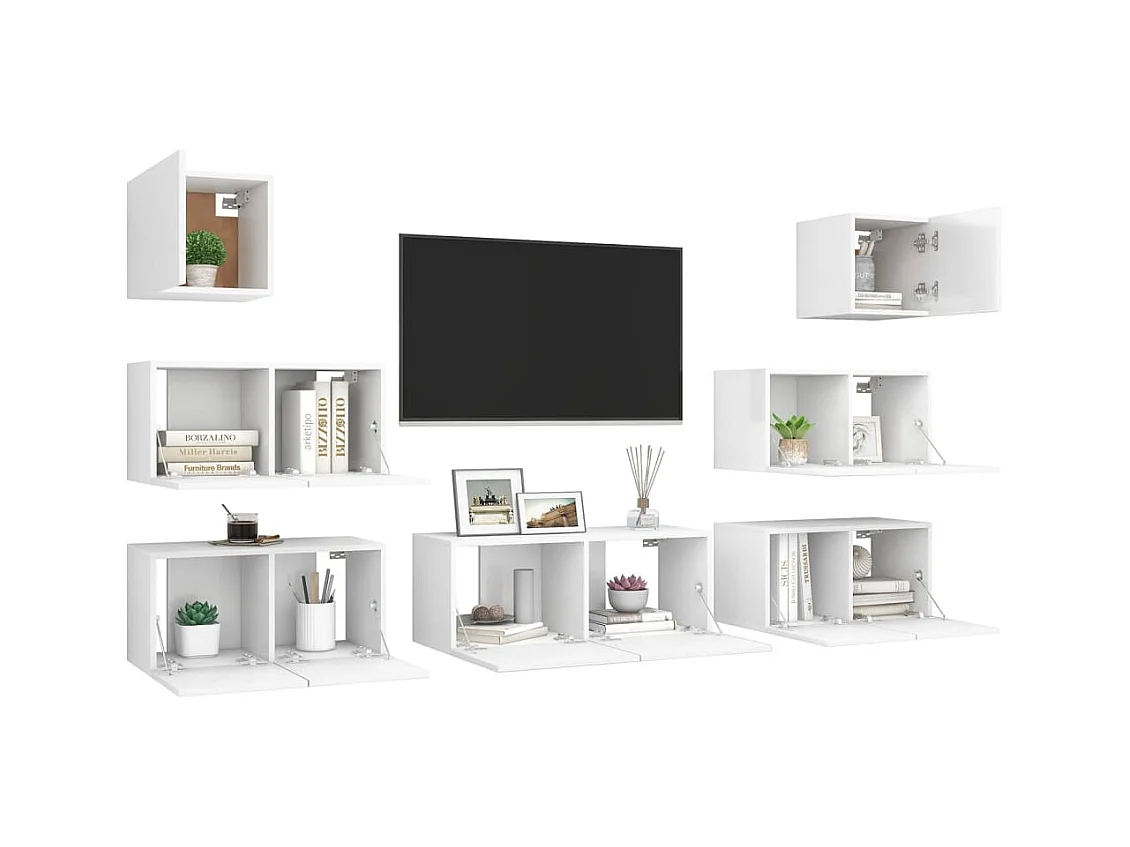 Set de muebles de salón TV | Gabinetes de TV |  Muebles de TV 7 piezas madera de ingeniería blanco