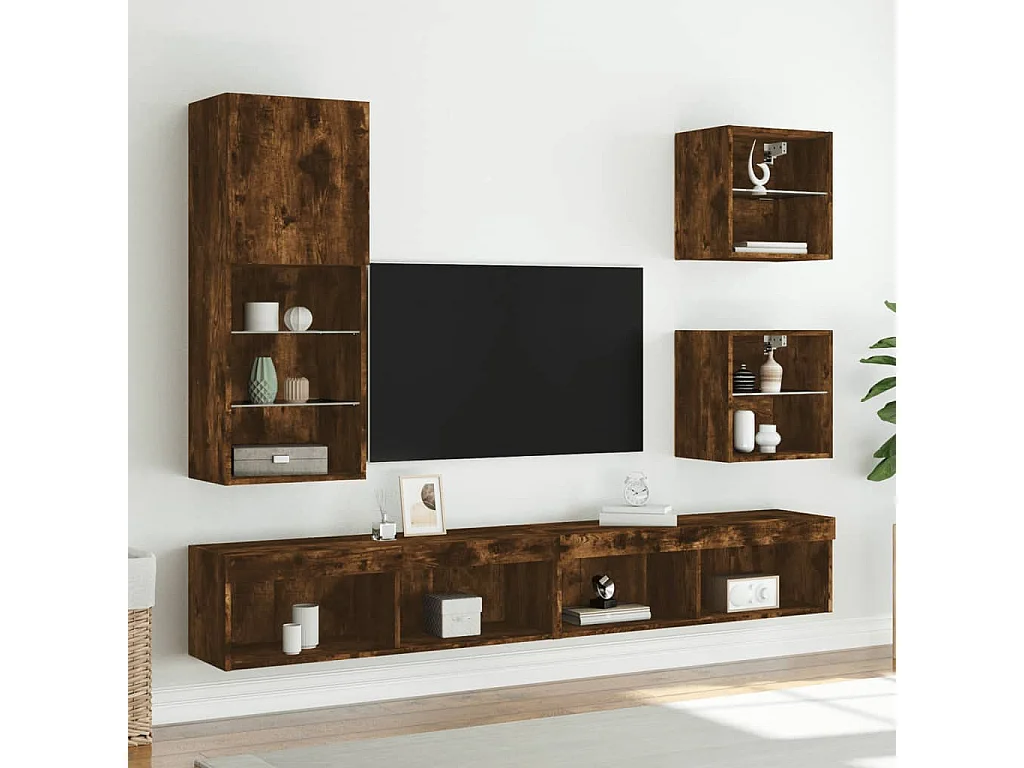 Meuble TV | Banc TV | Armoire TV avec lumières LED chêne fumé 40,5x30x102 cm