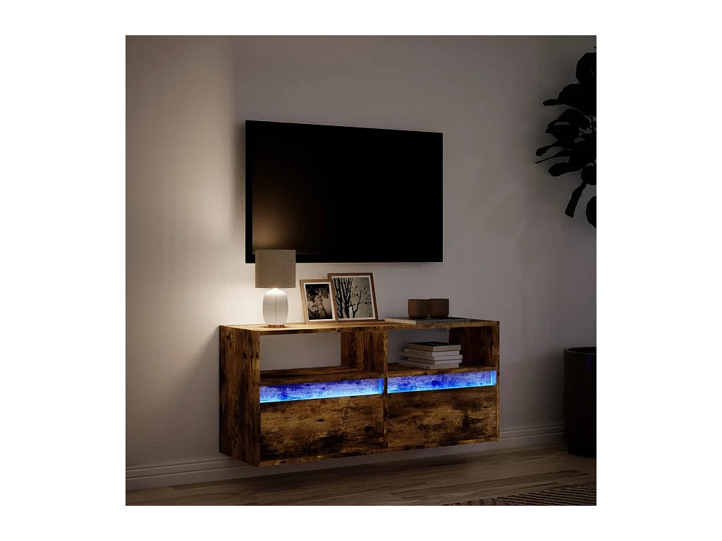Mueble de TV | Mueble de salón de pared con luces LED roble ahumado 100x31x45 cm