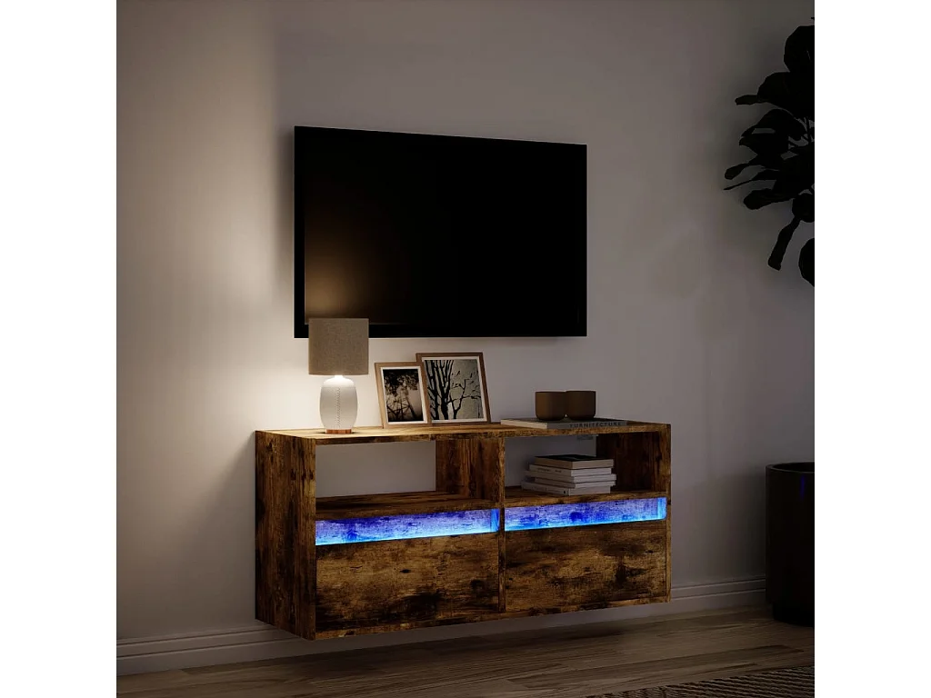 Meuble TV | Banc TV | Armoire TV mural avec lumières LED chêne fumé 100x31x45 cm