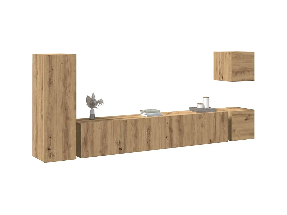 5-delig Tv-meubelset | Tv-Bank | TV-kast wandmontage bewerkt hout artisanaal eiken