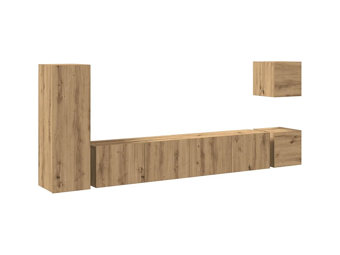 5-delig Tv-meubelset | Tv-Bank | TV-kast wandmontage bewerkt hout artisanaal eiken