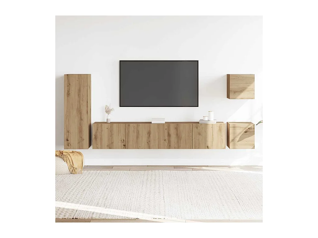 5-delig Tv-meubelset | Tv-Bank | TV-kast wandmontage bewerkt hout artisanaal eiken