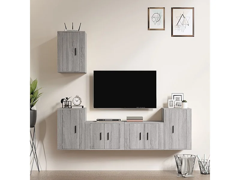 Set de muebles para TV  | Gabinetes de TV |  Muebles de salón 5 pzas madera contrachapada gris Sonoma