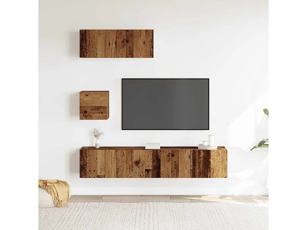 4-delig Tv-meubelset | Tv-Bank | TV-kast wandmontage bewerkt hout oud houtkleurig