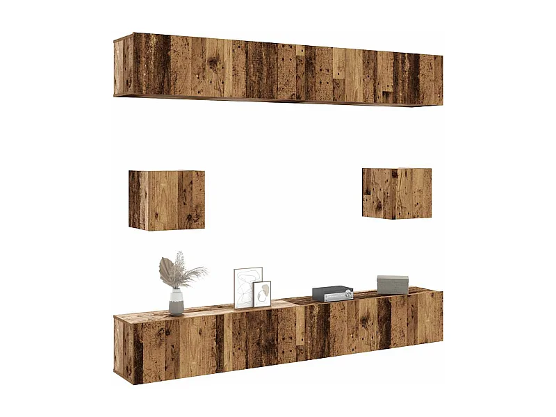 6-delig Tv-meubelset | Tv-Bank | TV-kast wandmontage bewerkt hout oud houtkleurig