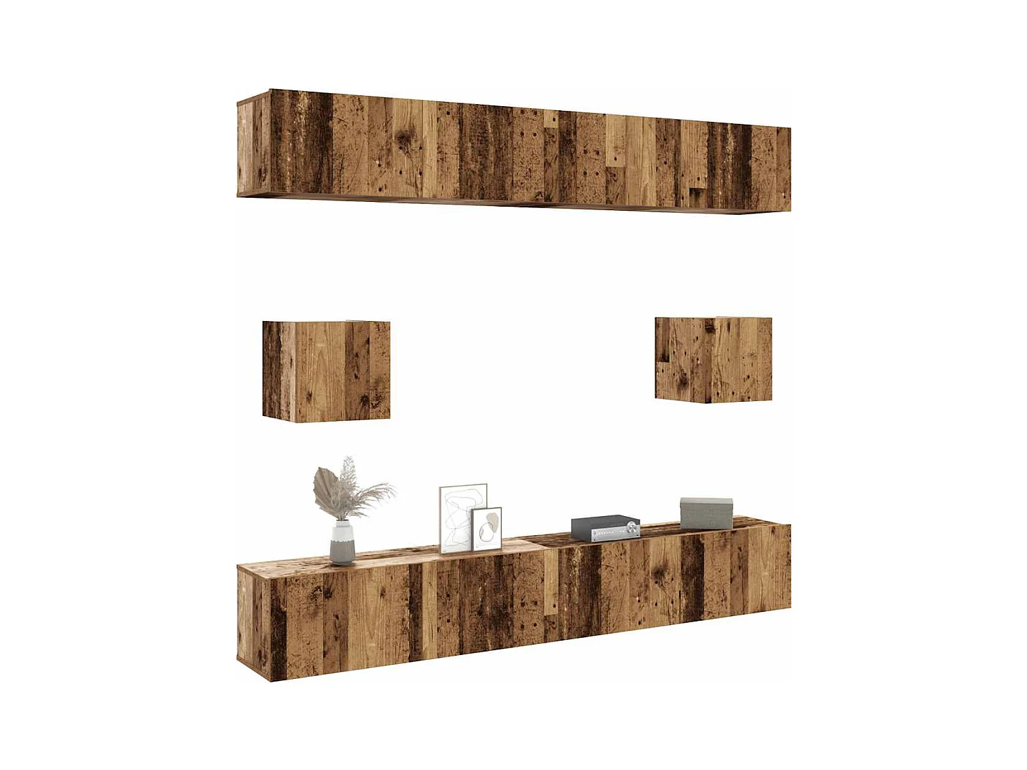 6-delig Tv-meubelset | Tv-Bank | TV-kast wandmontage bewerkt hout oud houtkleurig