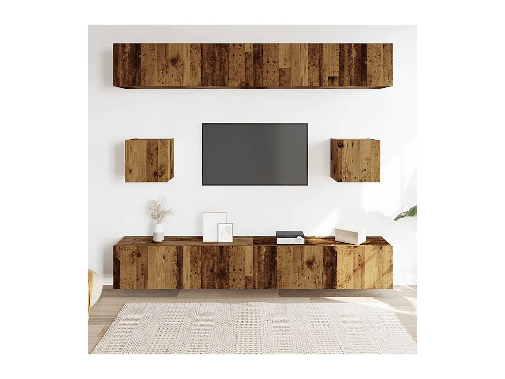 6-delig Tv-meubelset | Tv-Bank | TV-kast wandmontage bewerkt hout oud houtkleurig