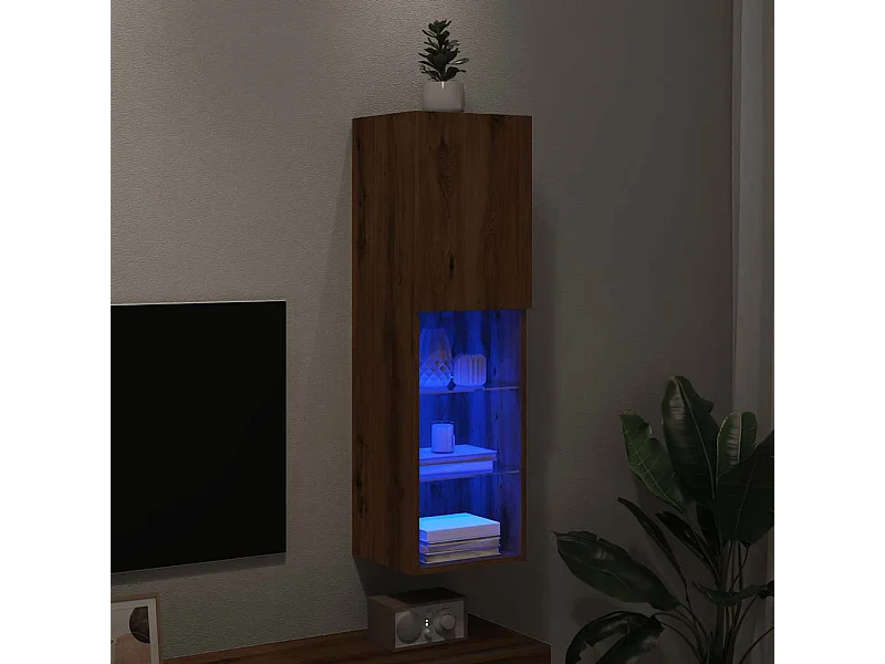 Mueble para TV  | Gabinete de TV |  Mueble de salón con luces LED roble artesanal 30,5x30x102 cm
