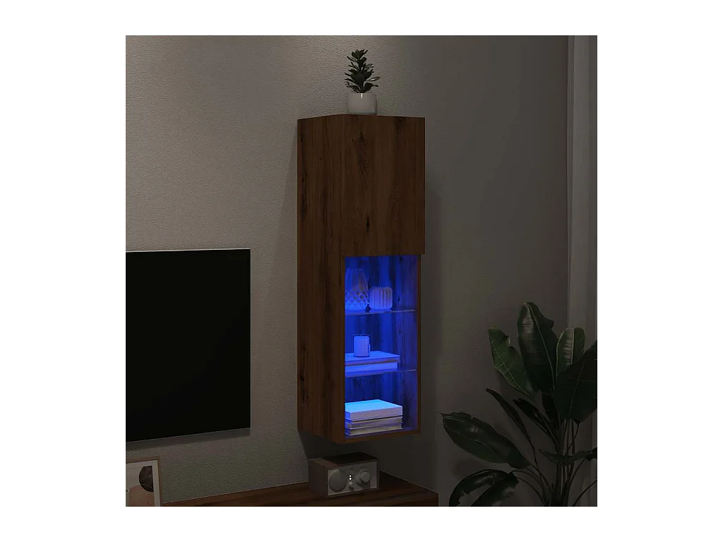 Mueble para TV  | Gabinete de TV |  Mueble de salón con luces LED roble artesanal 30,5x30x102 cm