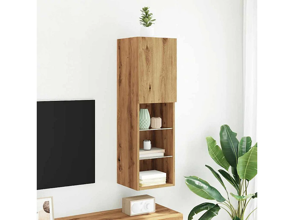 Mueble para TV  | Gabinete de TV |  Mueble de salón con luces LED roble artesanal 30,5x30x102 cm