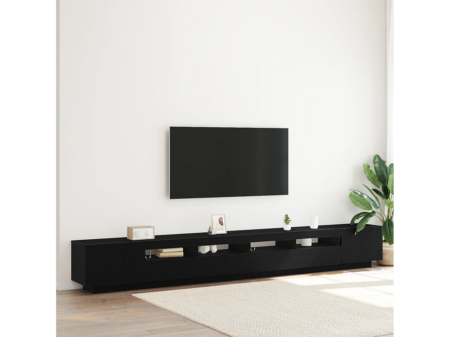 Meuble TV | Banc TV | Armoire TV avec des lumières LED en chêne noir 300x35x40 cm en bois aggloméré