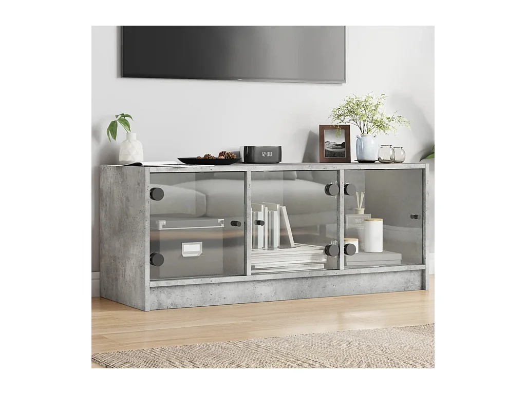 Mueble de TV | Mueble de salón con puertas de vidrio gris hormigón 102x37x42 cm