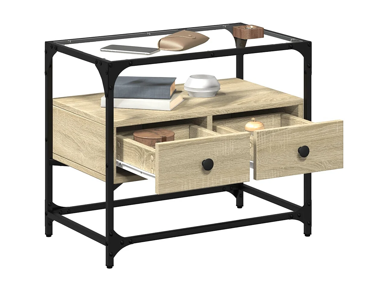 Meuble TV | Banc TV | Armoire TV avec dessus en verre chêne sonoma bois d'ingénierie