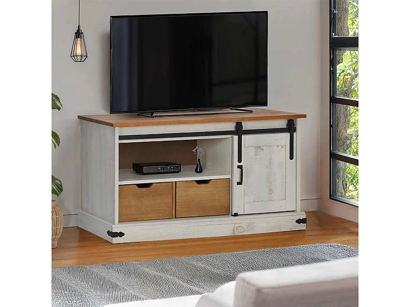 Tv-meubel | Tv-Bank | TV-kastHALDEN met schuifdeur wit 110x40x60 cm massief hout