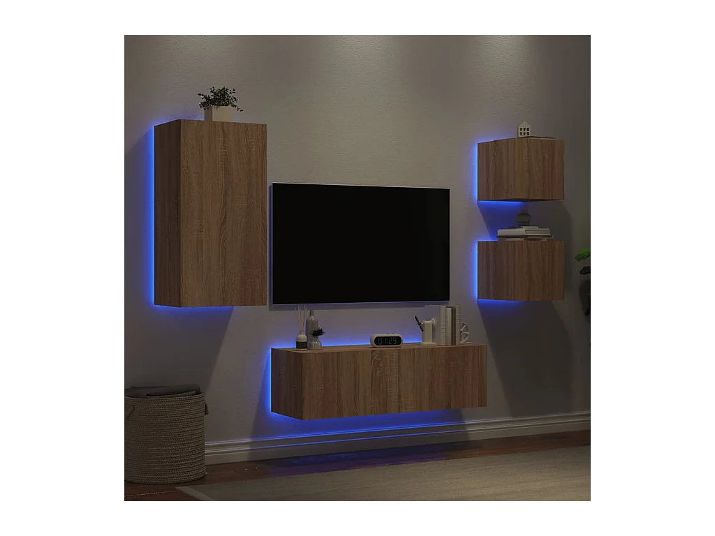 Muebles de TV | Gabinetes de TV |  Muebles de salón de pared con luces LED 4 piezas roble Sonoma